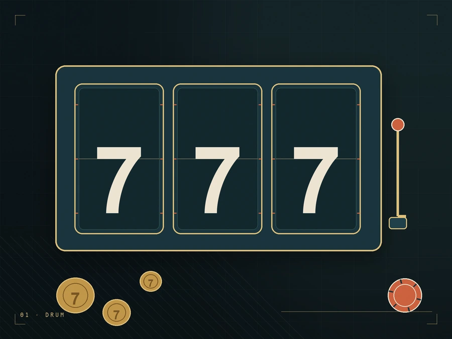 Tiga drum gulungan dengan glyph 7, tuas di sisi kanan, dan tiga koin di depannya.